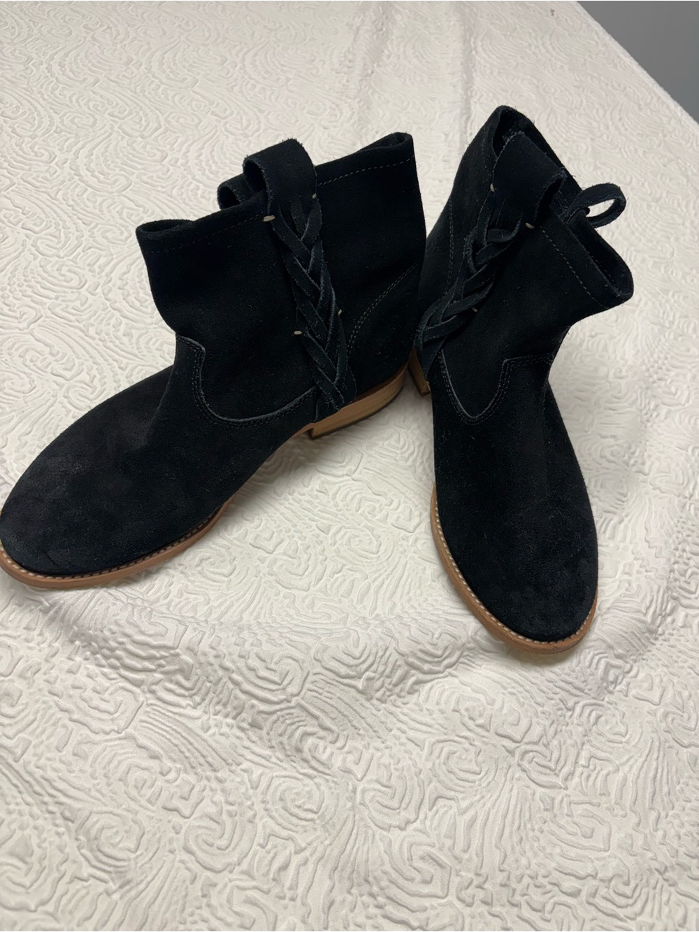 Soludos Black Suede Ankle Boots with Braided Side Accent